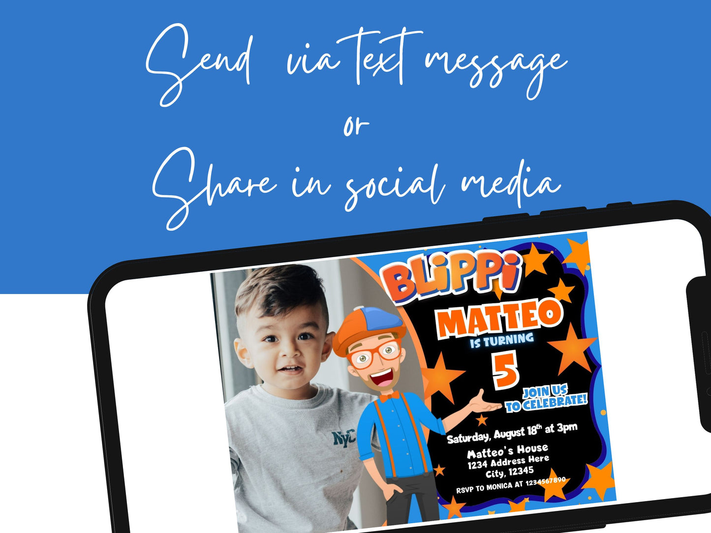 Blippi birthday invitation with photo