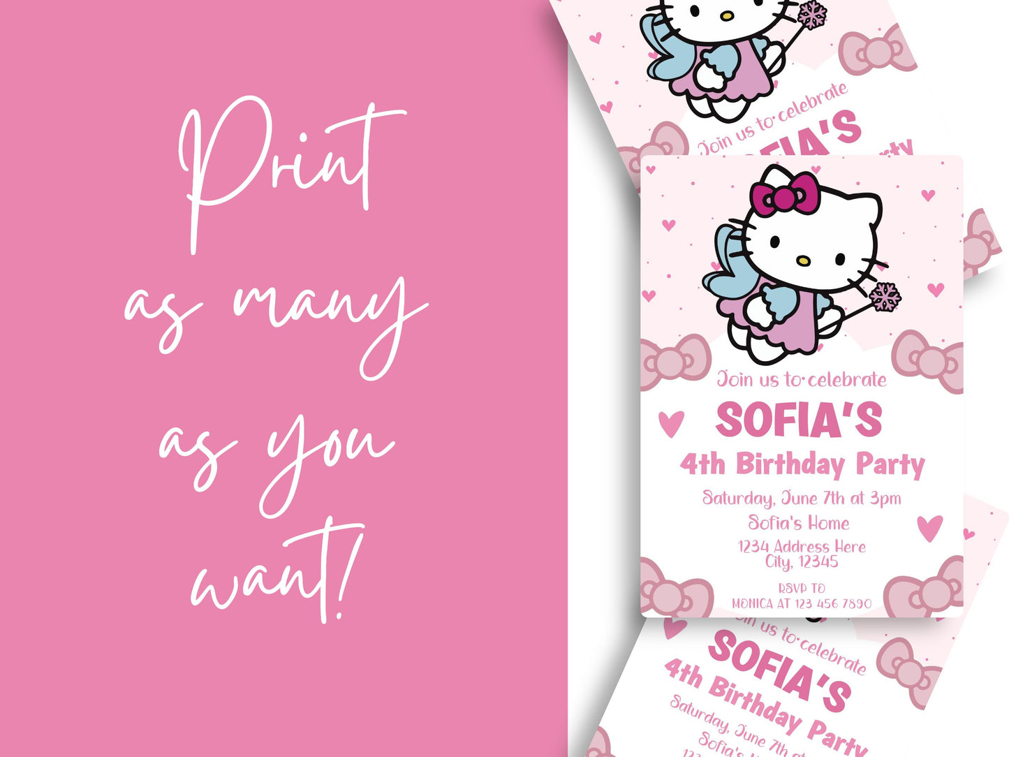 Editable Hello Kitty invitation template featuring vibrant colors and playful design elements
