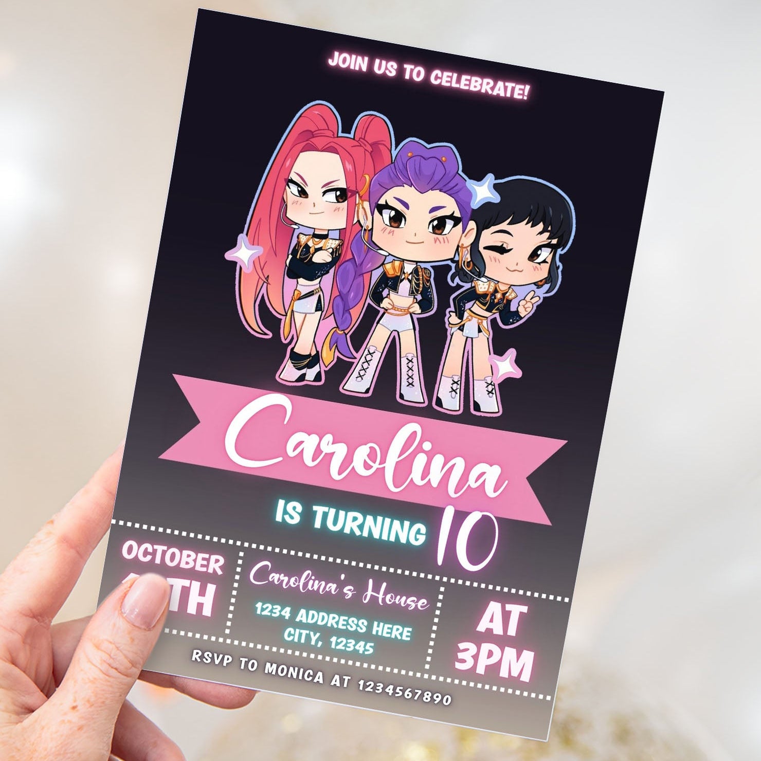 K-POP タレントカード Invitation Kpop Demon Hunters Huntrix Birthday Invitation – Mama Life Printables