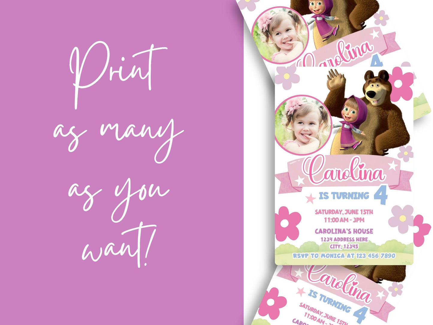 Masha & the Bear Photo Invitation - Canva Template