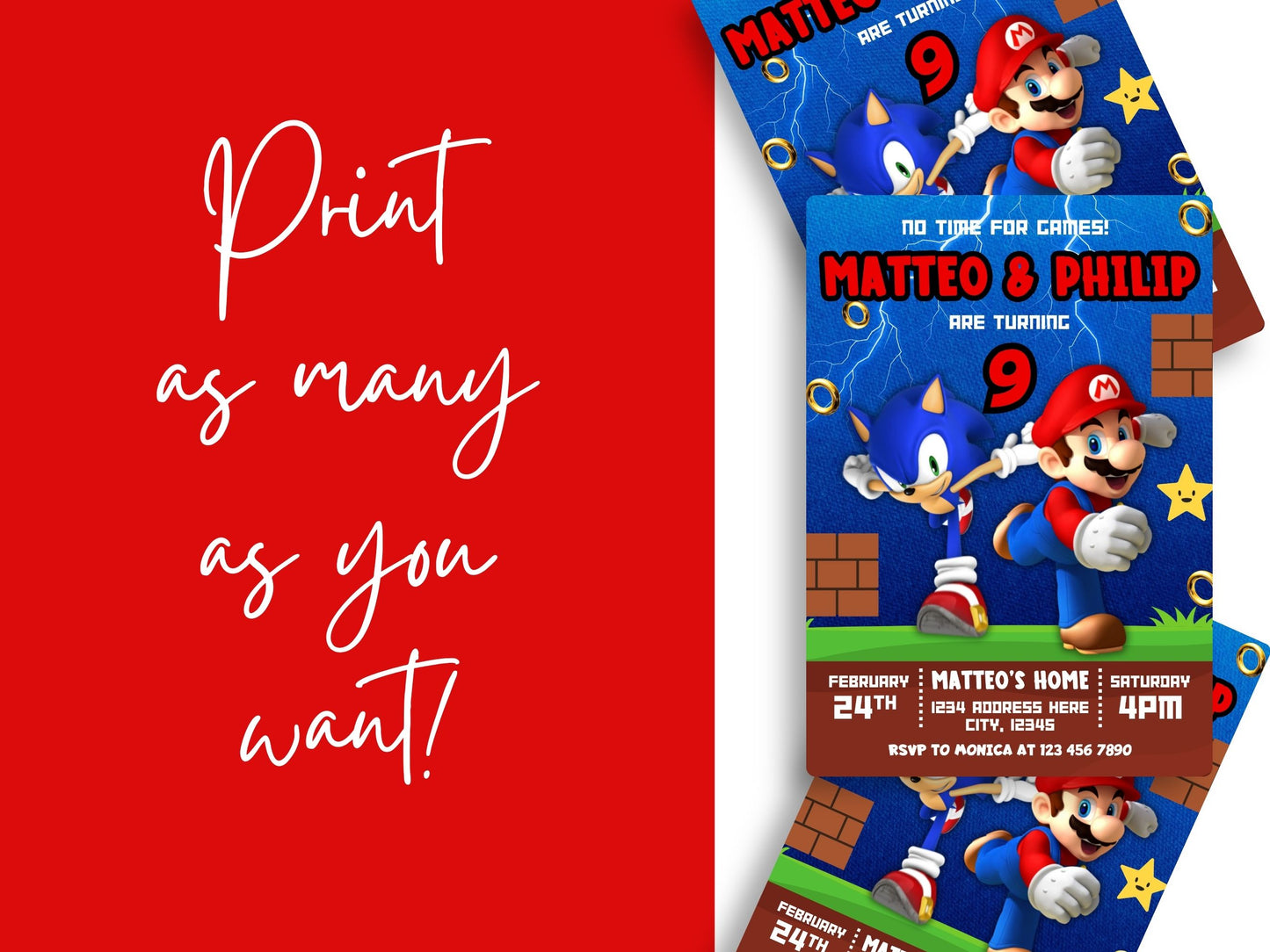 Sonic vs Mario birthday invitation