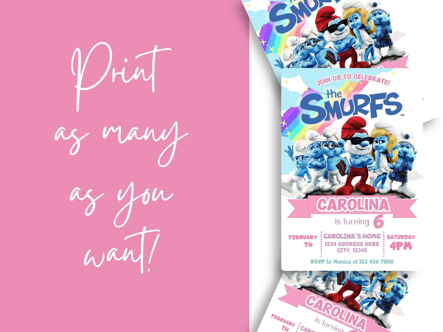 Smurfs-themed birthday invitation with pink background and text 'Print as many as you want'.