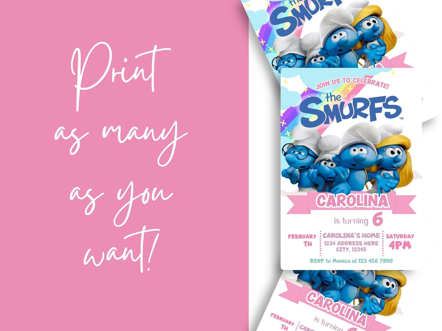 Smurfs-themed birthday invitation card on a pink background with text.