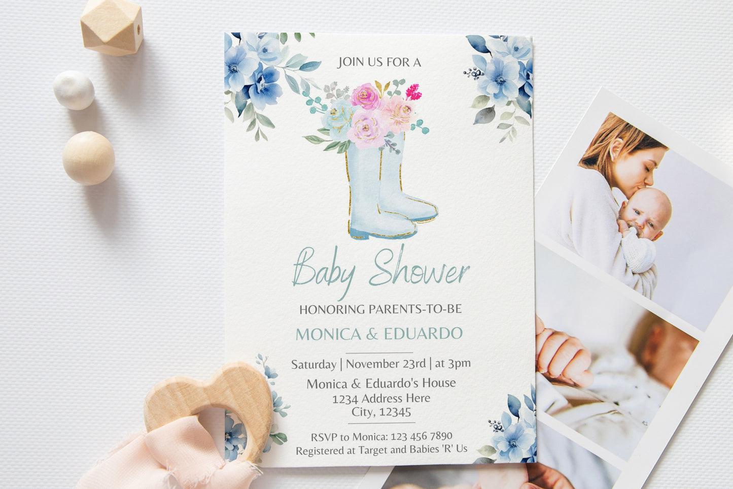 Watercolor Boots and Flowers Baby Shower Boy Invitation - Canva Template - Invitations - Mama Life Printables
