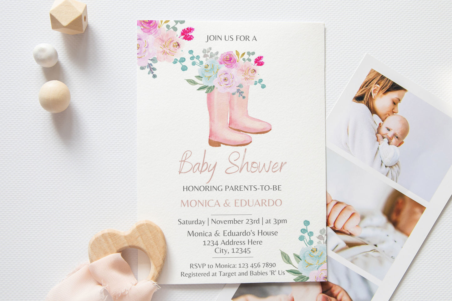 Watercolor Boots and Flowers Baby Shower Girl Invitation - Canva Template - Invitations - Mama Life Printables
