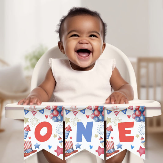 Patriotic-themed high chair banner for a first birthday, printable PDF with five flags
