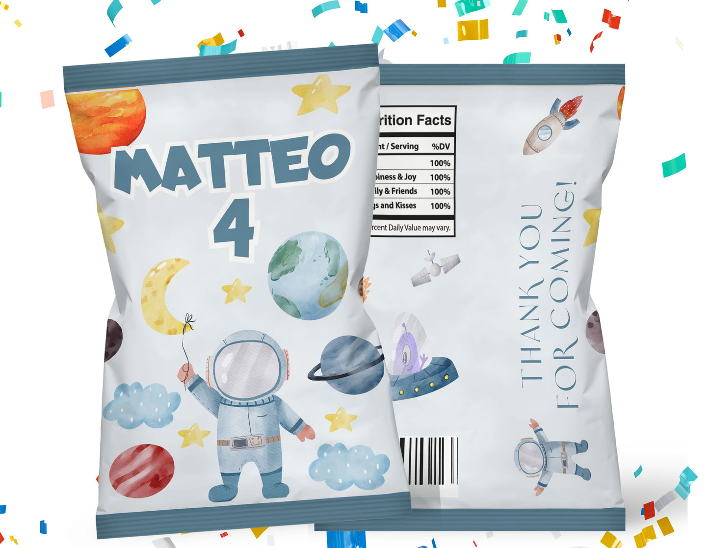 astronaut themed chip bag