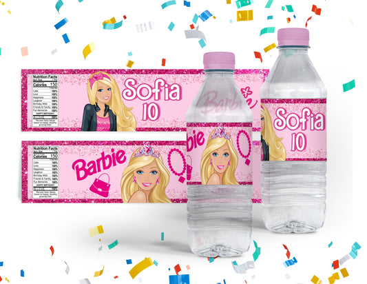 Barbie Water Bottle Labels - Canva Template - Party Favors - Mama Life Printables