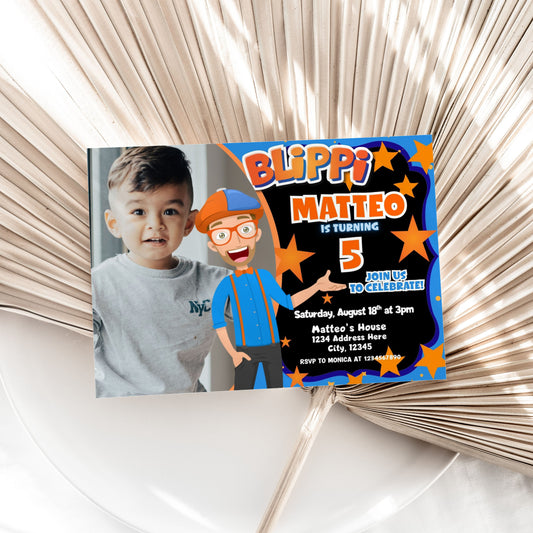 Blippi birthday invitation with photo