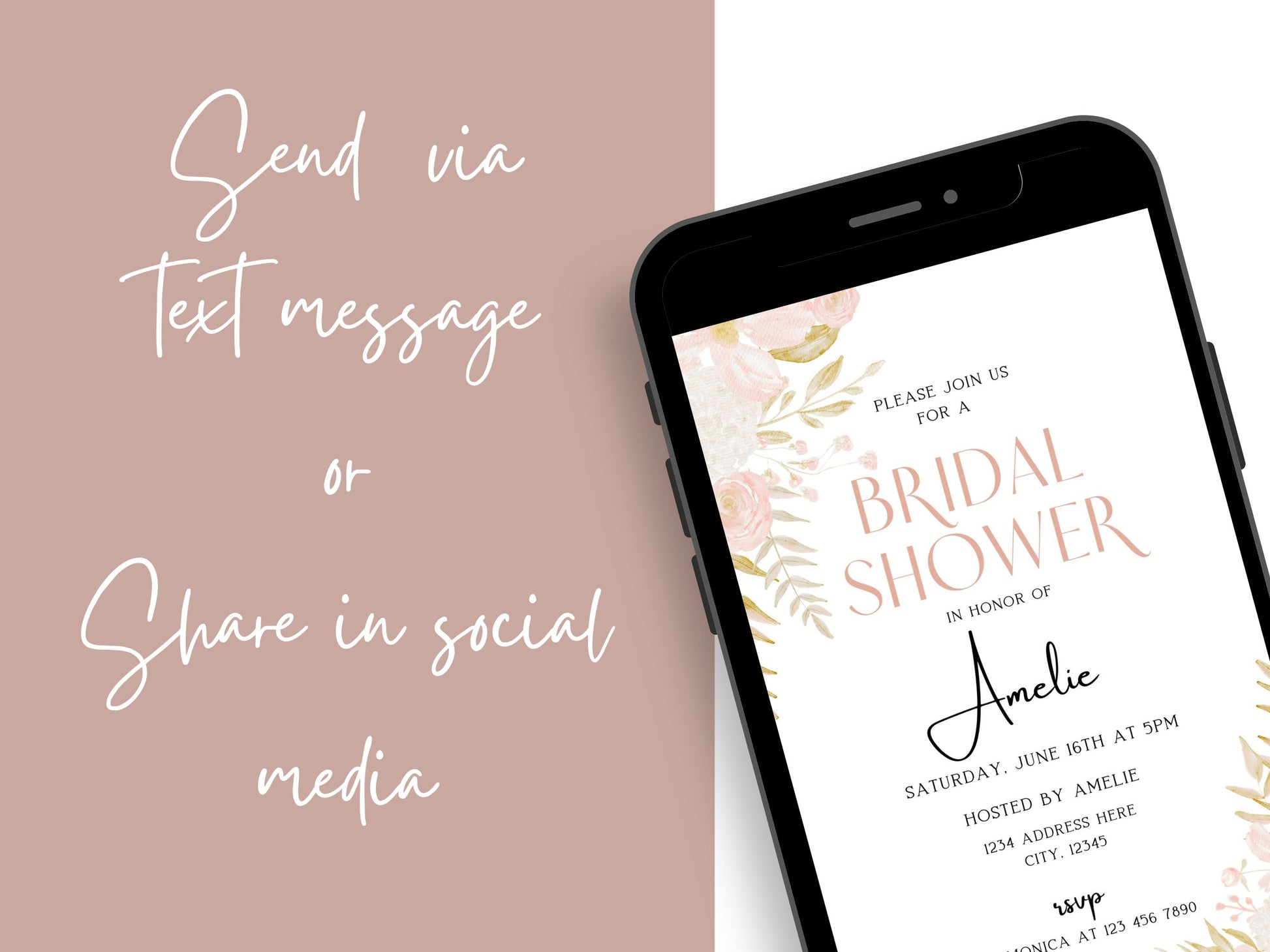 Editable Boho Bridal Shower Invitation: Delicate florals and elegant typography set the tone for your celebration. Customize now!