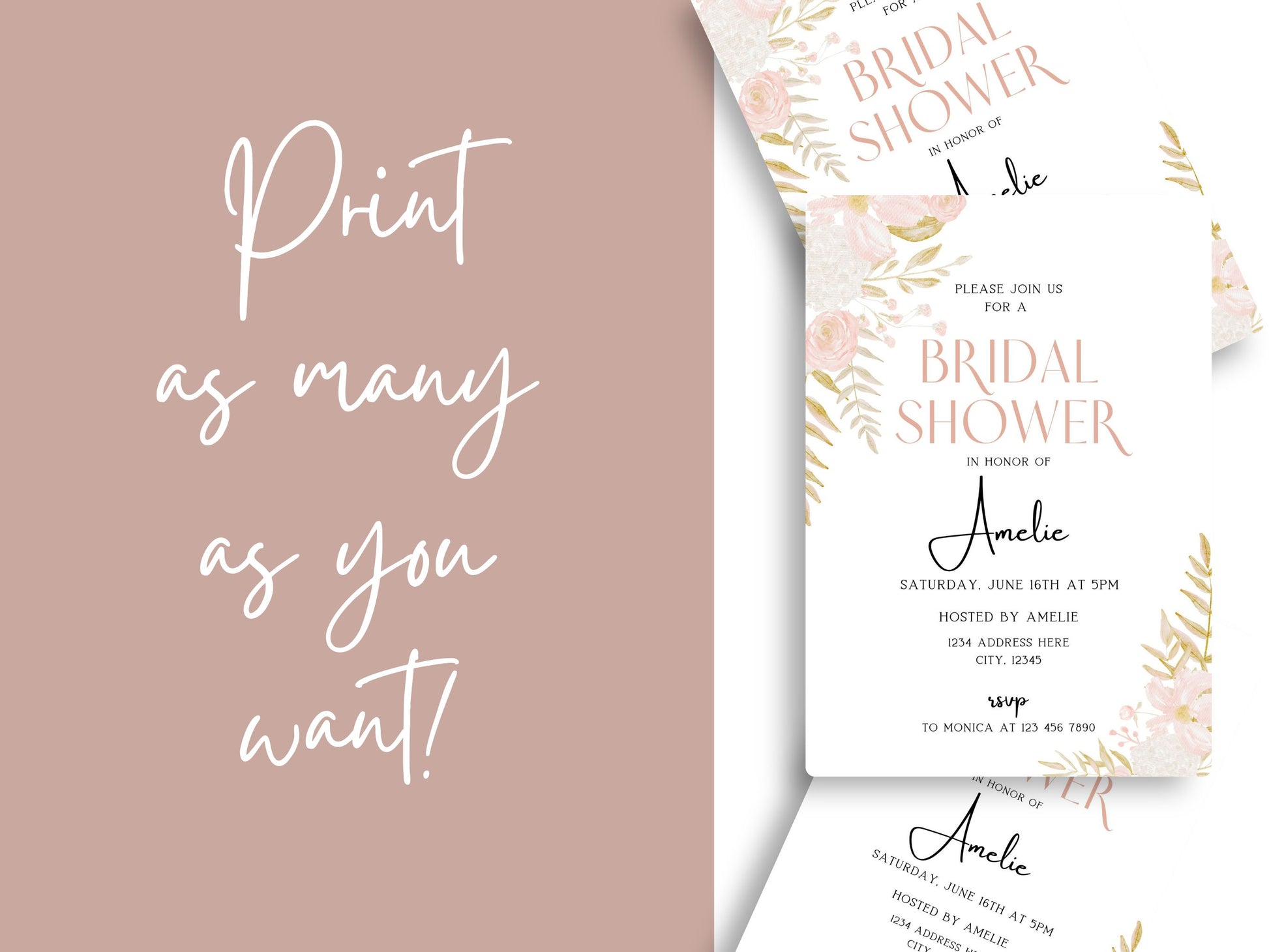 Editable Boho Bridal Shower Invitation: Delicate florals and elegant typography set the tone for your celebration. Customize now!