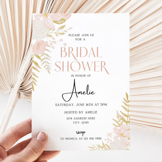 Editable Boho Bridal Shower Invitation: Delicate florals and elegant typography set the tone for your celebration. Customize now!