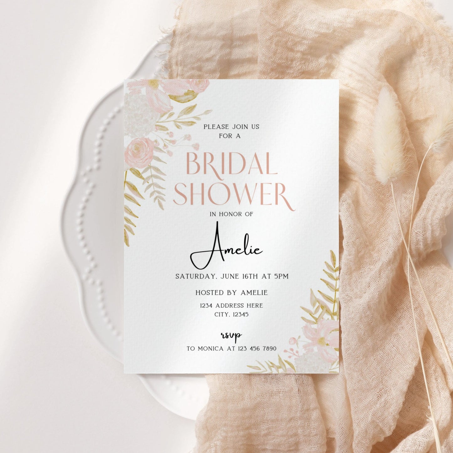 Editable Boho Bridal Shower Invitation: Delicate florals and elegant typography set the tone for your celebration. Customize now!