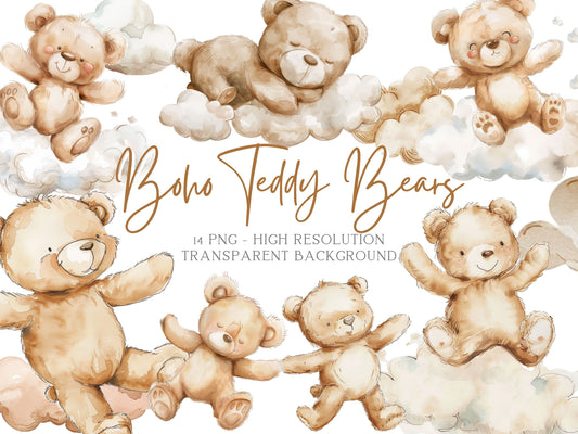 boho watercolor teddy bears png cliparts