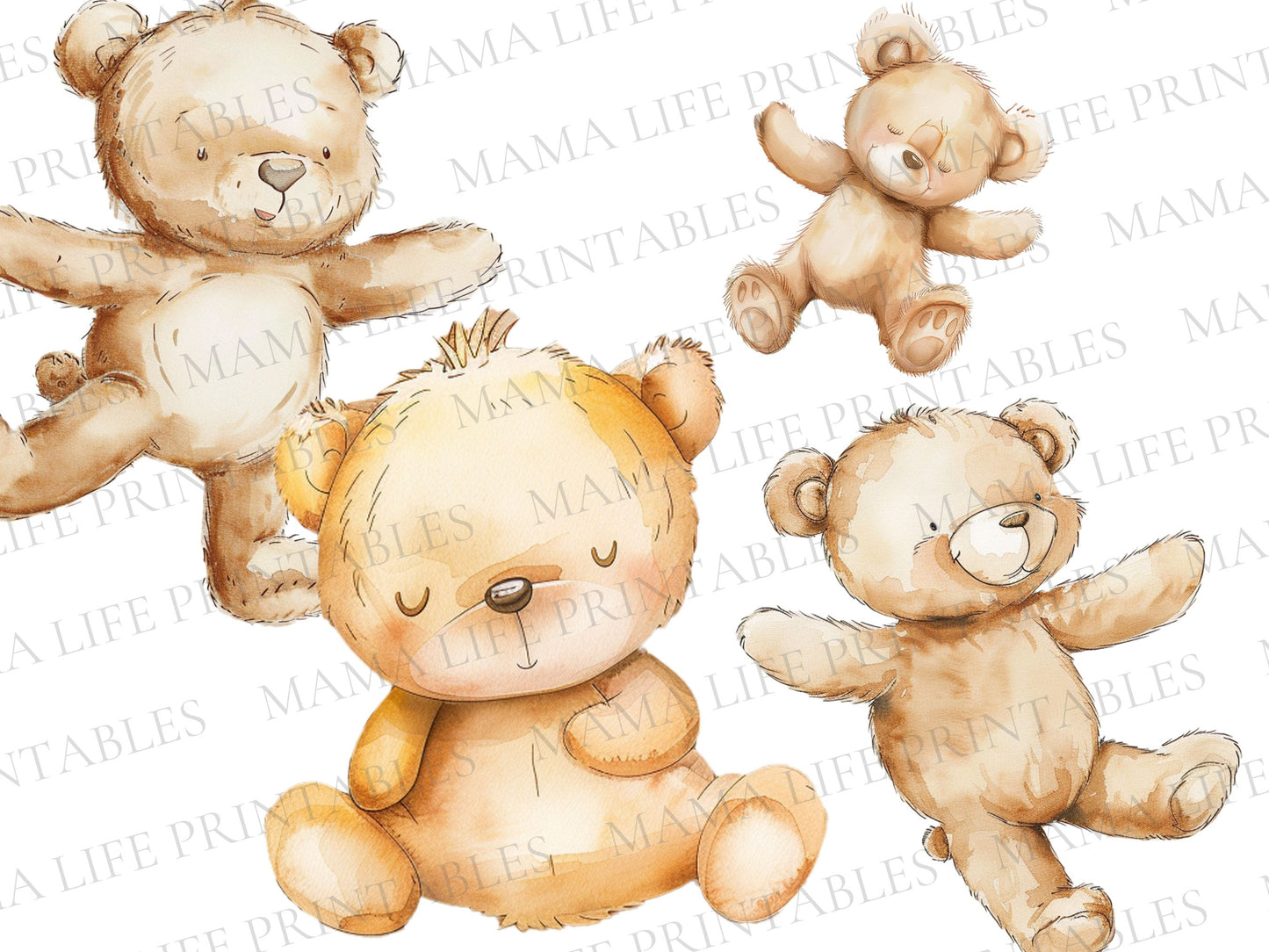 boho watercolor teddy bears png cliparts