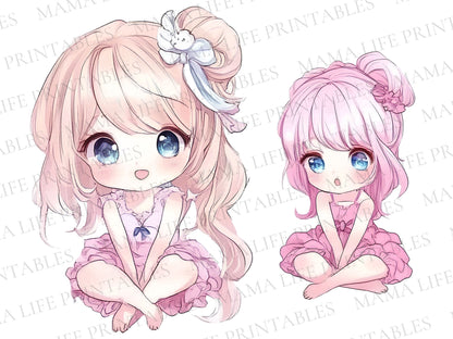 kawaii girls clipart set