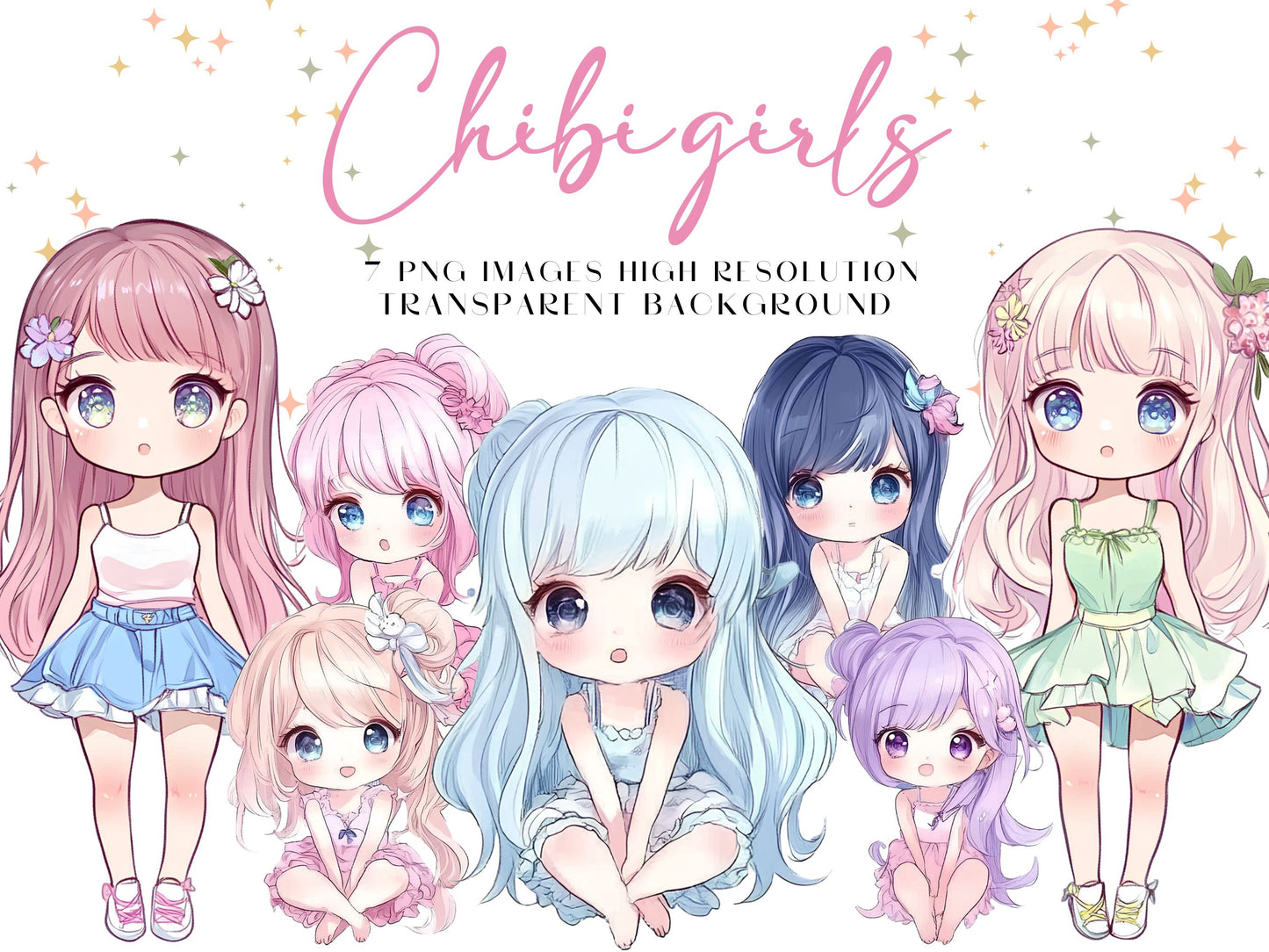 kawaii girls clipart set