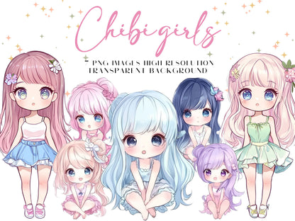 kawaii girls clipart set