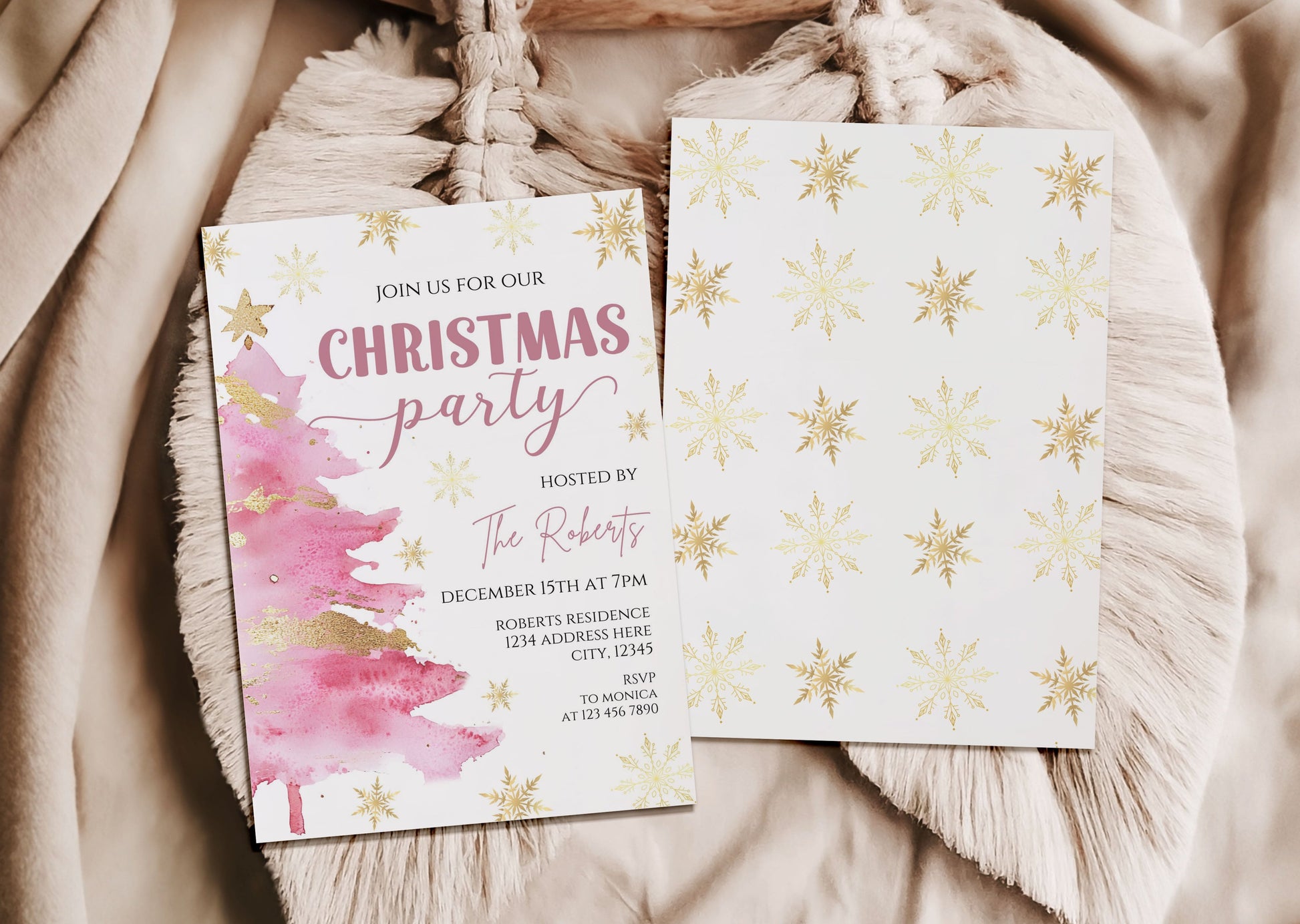 christmas party invitation watercolor pink tree