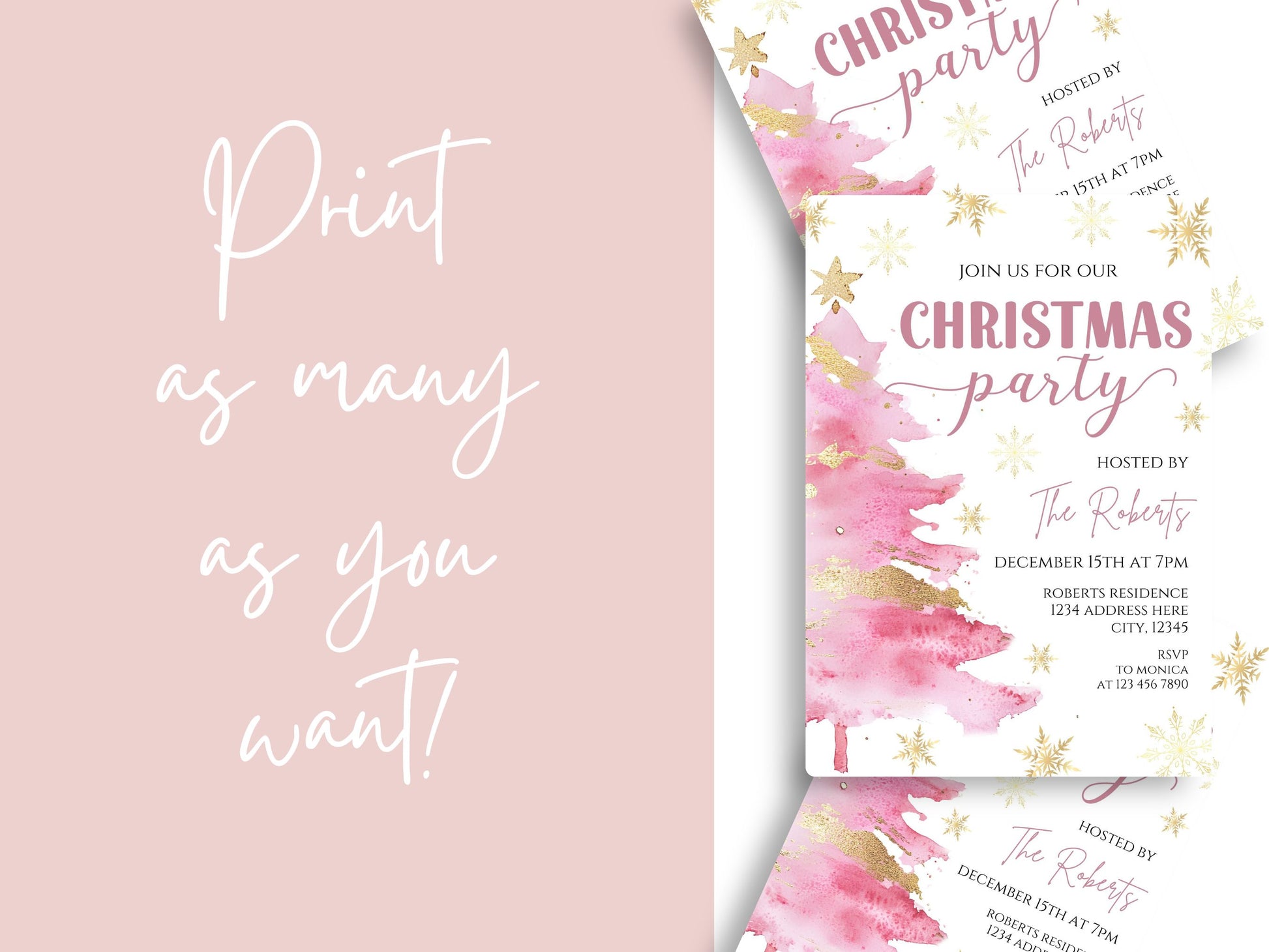 christmas party invitation watercolor pink tree