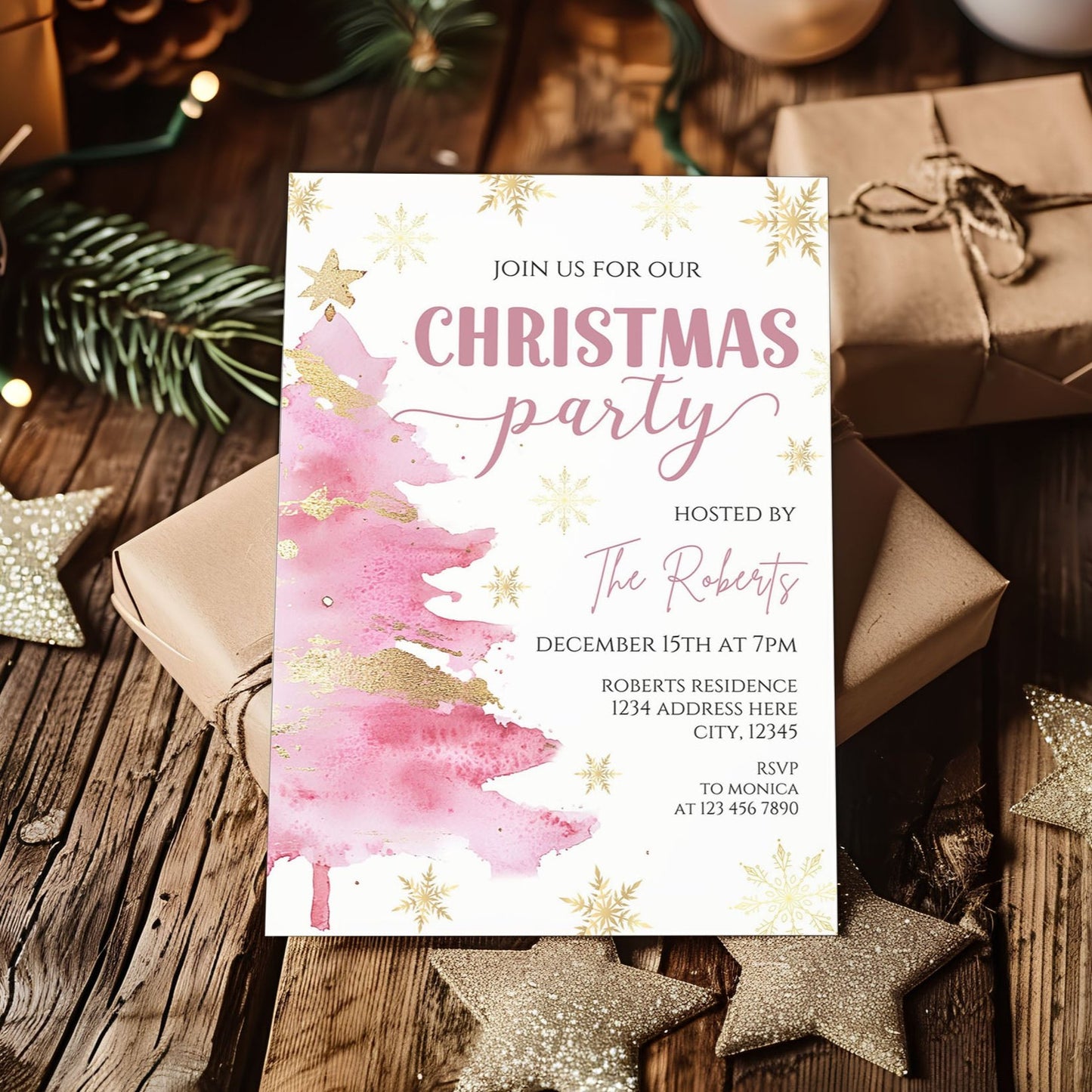 christmas party invitation watercolor pink tree