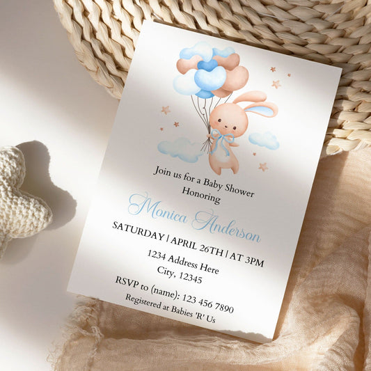 DIGITAL Bunny and Balloons Boy Baby Shower Invitation - Invitations - Mama Life Printables