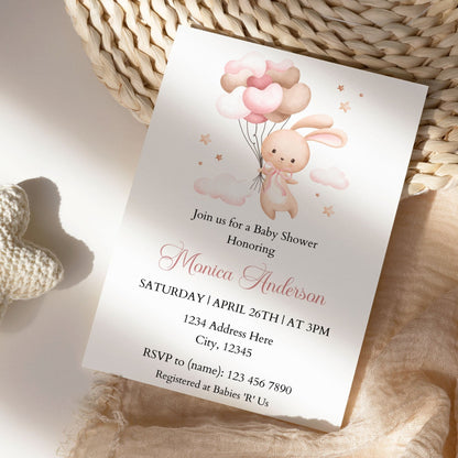 DIGITAL Bunny and Balloons Girl Baby Shower Invitation - Invitations - Mama Life Printables