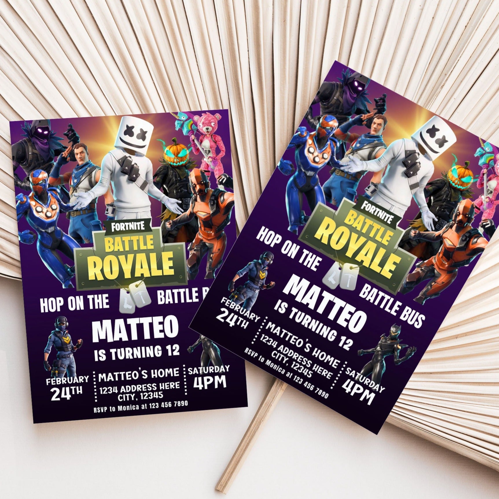 Fortnite birthday invitation template featuring iconic gaming graphics.