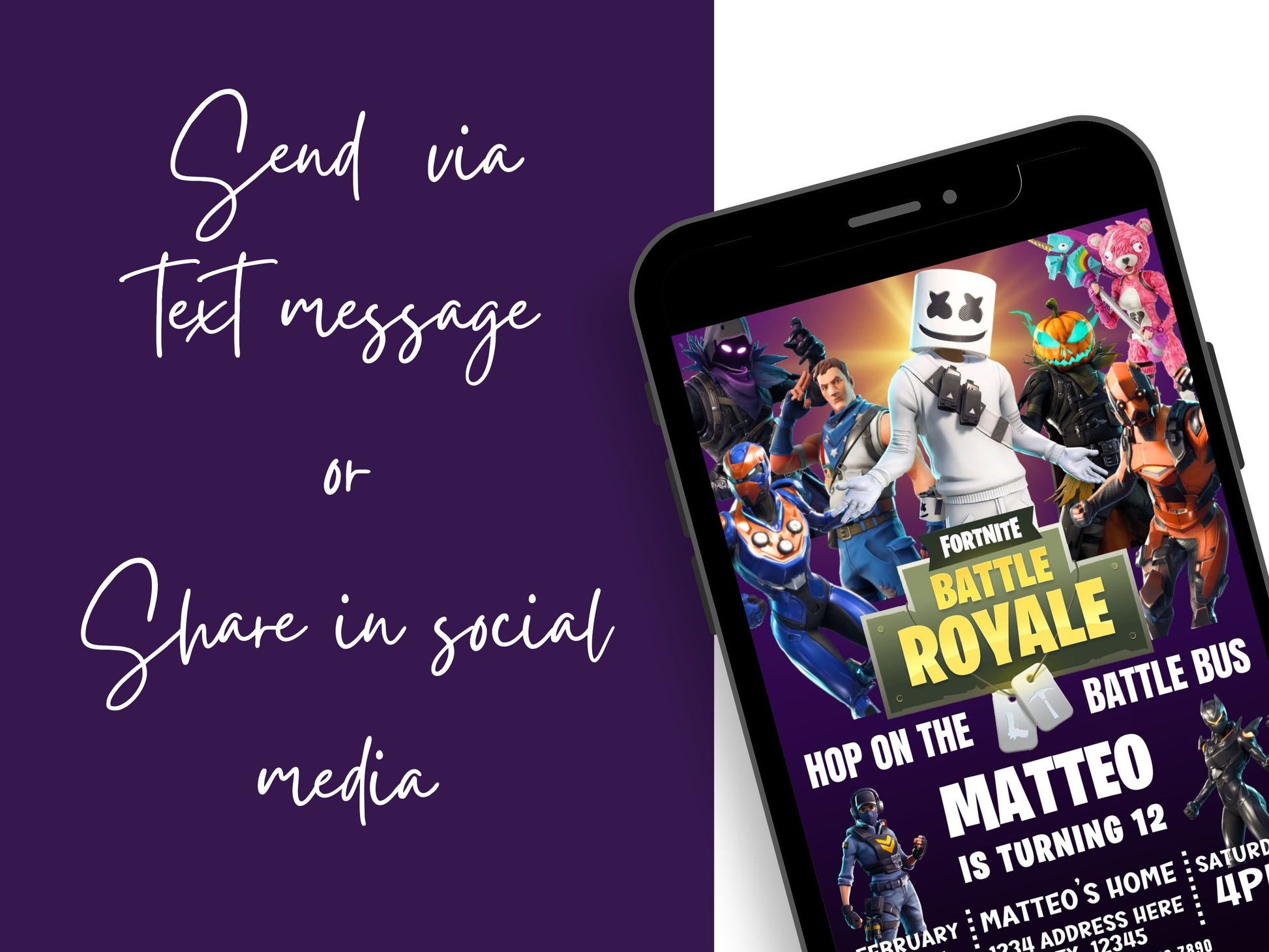 Fortnite birthday invitation template featuring iconic gaming graphics.