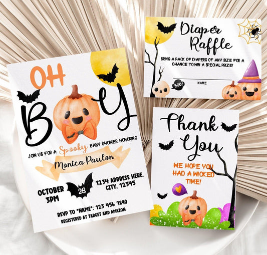 Halloween Baby Shower Set - Invitation, Diaper Raffle and Thank You Card - Invitations - Mama Life Printables