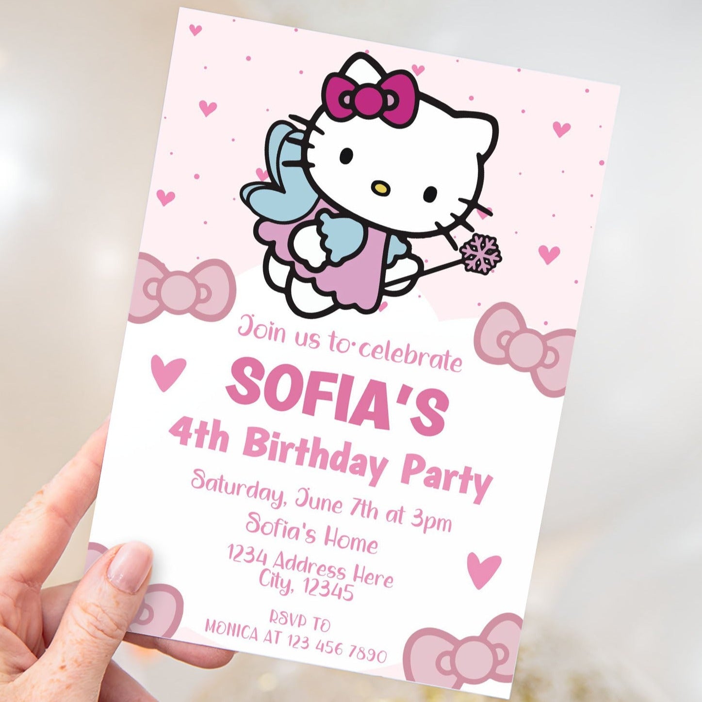 Editable Hello Kitty invitation template featuring vibrant colors and playful design elements