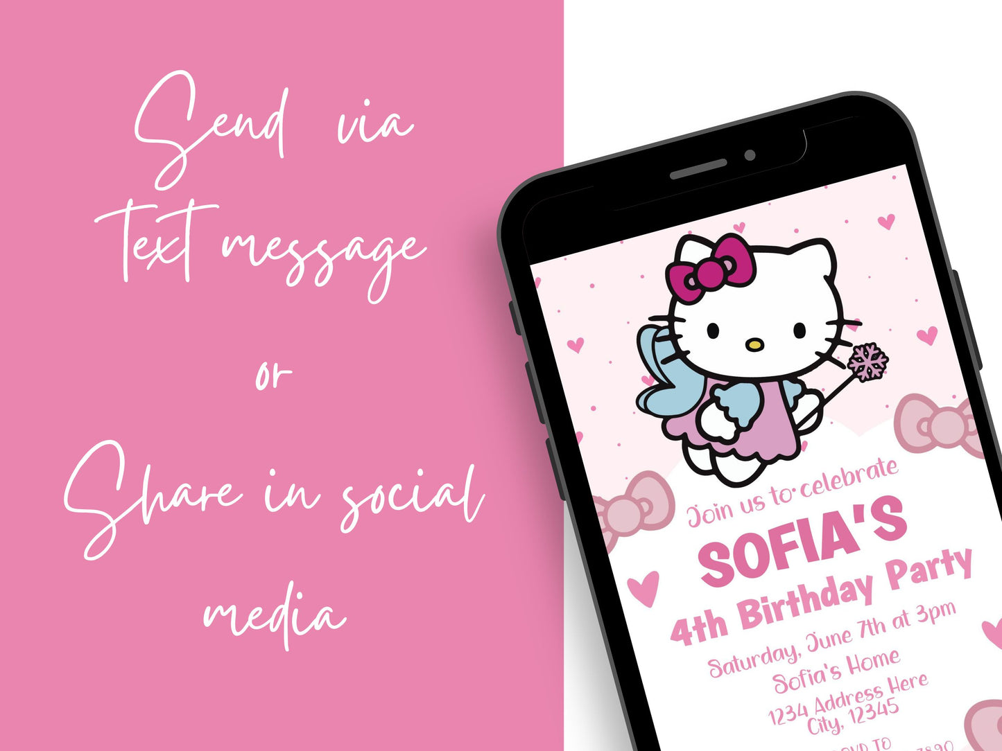 Editable Hello Kitty invitation template featuring vibrant colors and playful design elements