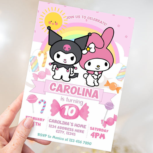 Editable birthday invitation with Sanrio's Kuromi and Melody characters