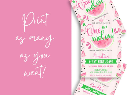 One in a Melon First Birthday Invitation Template with Watermelon Theme
