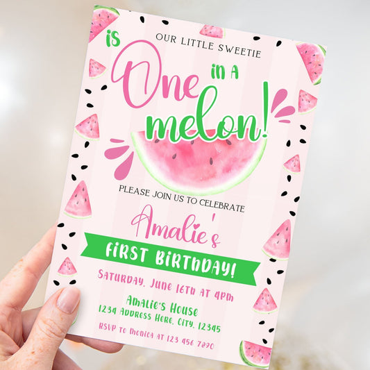 One in a Melon First Birthday Invitation Template with Watermelon Theme