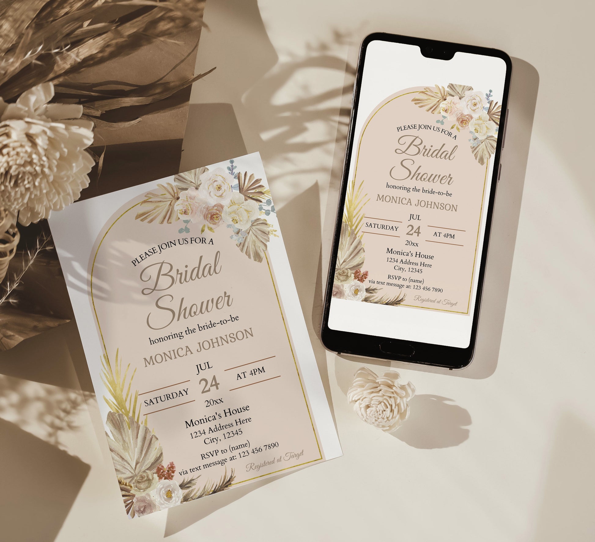 Pampas Boho-style Bridal Shower Invitation Template - Invitations - Mama Life Printables