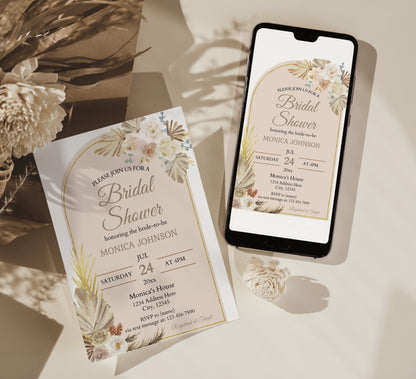 Pampas Boho-style Bridal Shower Invitation Template - Invitations - Mama Life Printables