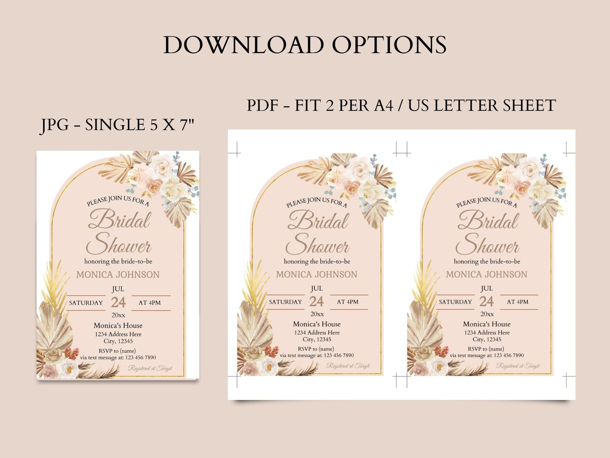 Pampas Boho-style Bridal Shower Invitation Template - Invitations - Mama Life Printables