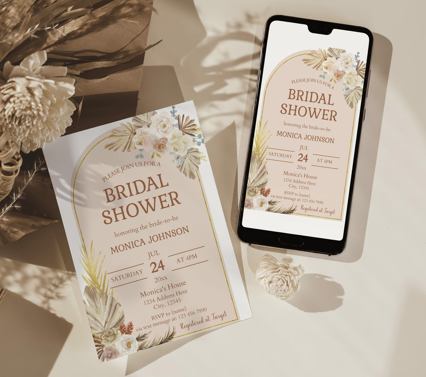Pampas Boho-style Bridal Shower Invitation Template - Invitations - Mama Life Printables