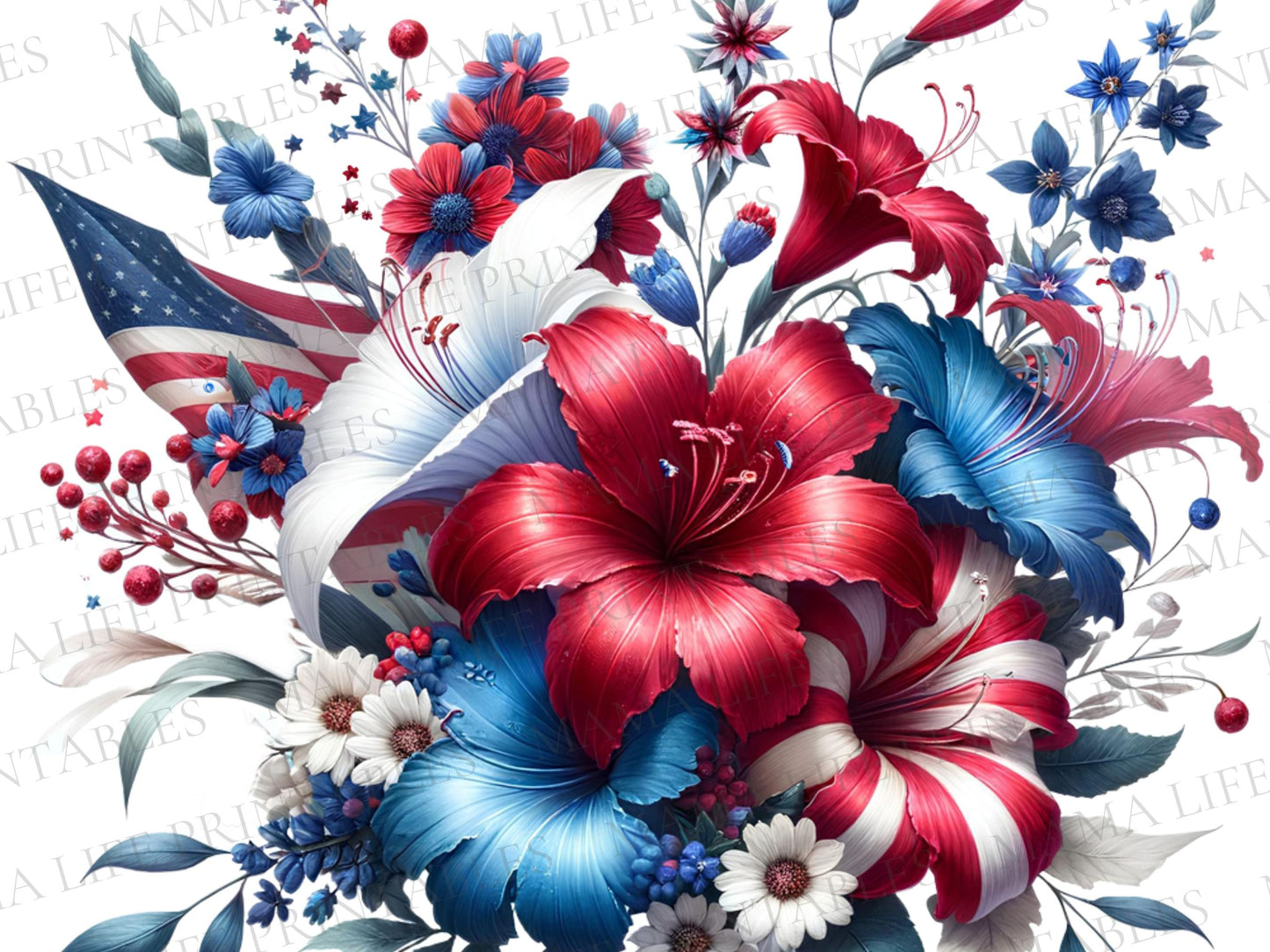 Patriotic Bouquet Flowers PNG Cliparts - Digital Artwork - Mama Life Printables