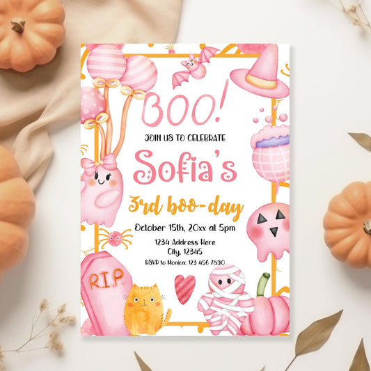 Pink Halloween Birthday Invitation - Canva Template - Invitations - Mama Life Printables