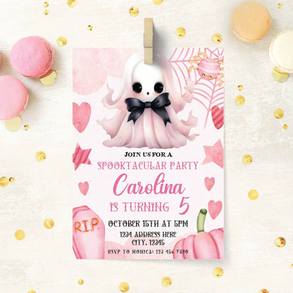 pink halloween birthday invite - canva template