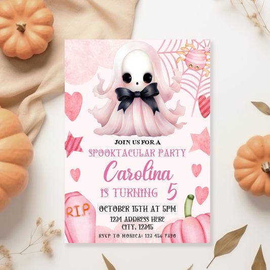 pink halloween birthday invite - canva template