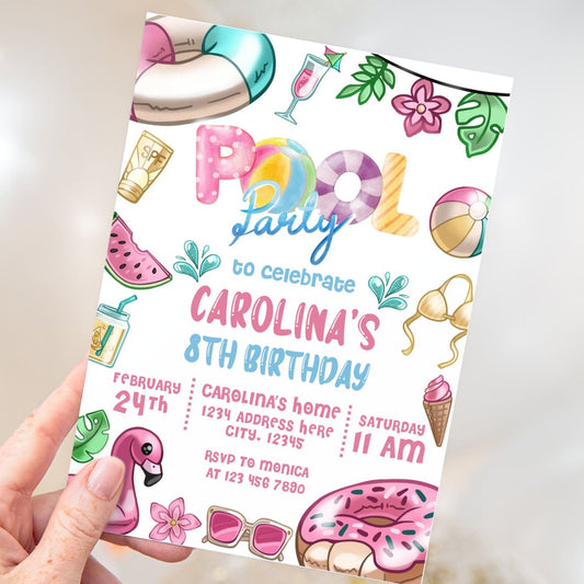 Colorful pool party invitation with beach balls and tropical motifs