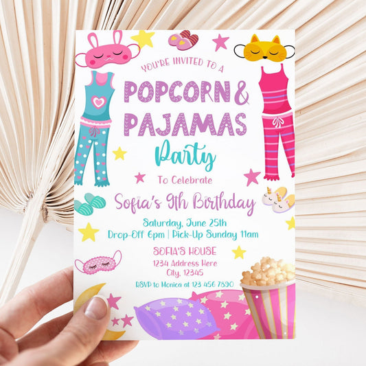 Popcorn and Pajamas Party Invitation - Canva Template - Invitations - Mama Life Printables