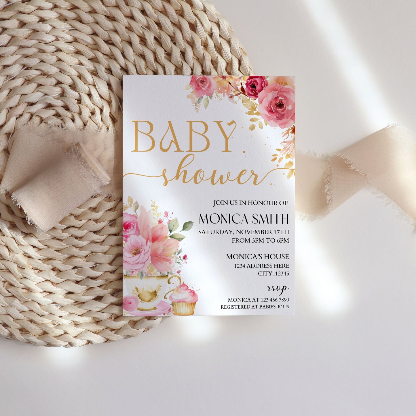 pink watercolor flowers baby shower invitation