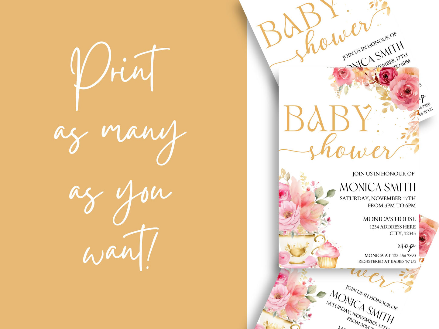 pink watercolor flowers baby shower invitation