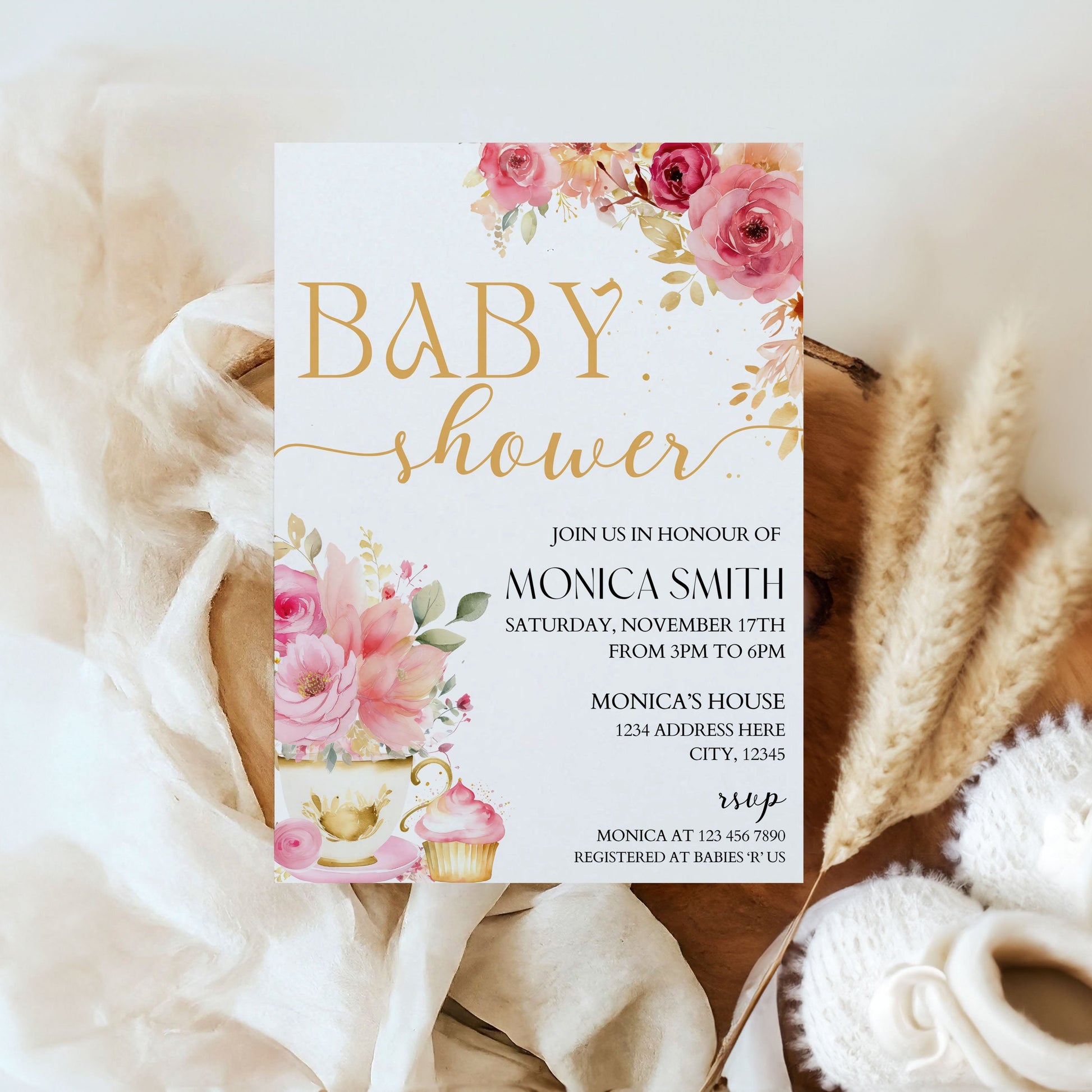 pink watercolor flowers baby shower invitation
