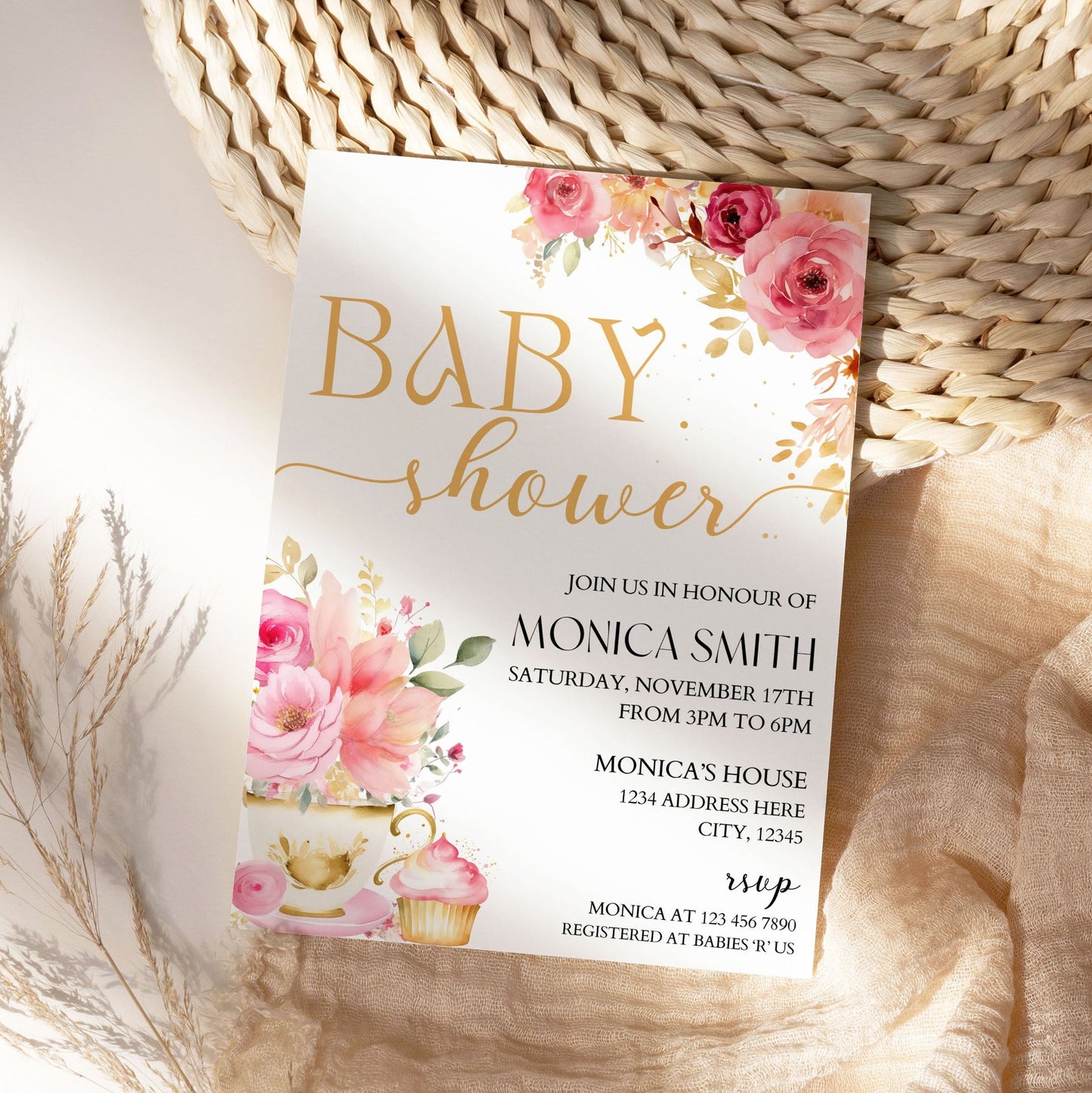 pink watercolor flowers baby shower invitation