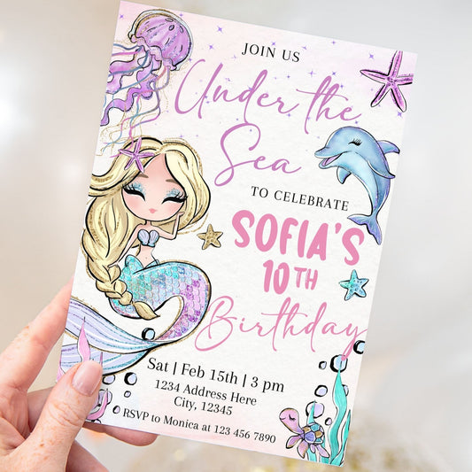 Under the Sea Glitter Mermaid Birthday Invitation - Canva Template - Invitations - Mama Life Printables